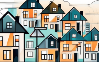 A magnifying glass hovering over a variety of houses and apartments