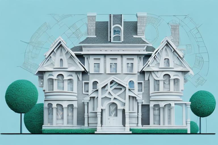 An architecturally unique house with visible price tags attached to different parts such as the roof
