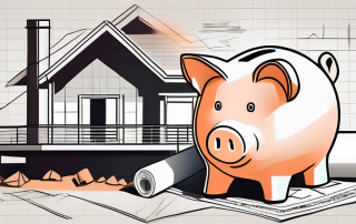 A house under construction with a piggy bank and a mortgage document nearby