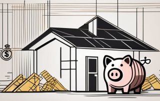 A house under construction with a piggy bank and financial symbols like dollar signs