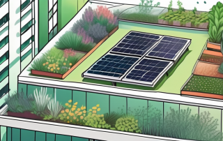 A green rooftop garden with various plants and flowers
