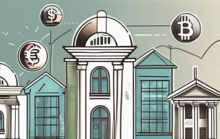 A variety of bank buildings with symbolic icons of home and currency floating above them
