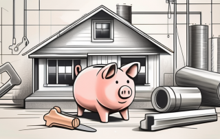 A house under construction with a piggy bank and various tools