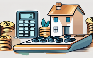A house with a calculator and coins around it