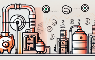 A modern heating system with various financial symbols like coins and piggy bank