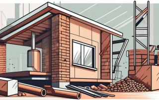 A house under construction with various elements like bricks
