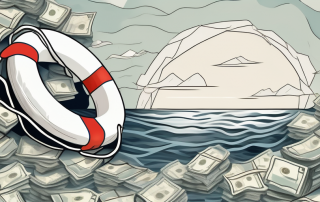 A lifebuoy floating on a sea of crumpled paper bills