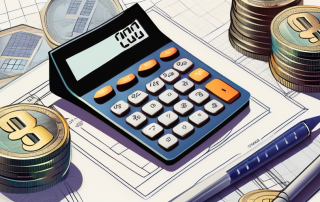 A calculator sitting on a blueprint of a house with a key