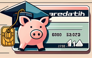 A piggy bank next to a graduation cap and a credit card