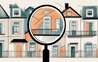 A magnifying glass hovering over a selection of stylized houses