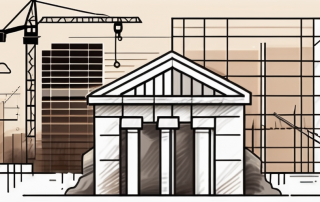 A sturdy building (representing a company) being built from the ground up with various financial symbols like currency