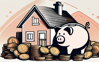A house with a piggy bank sitting on a pile of coins