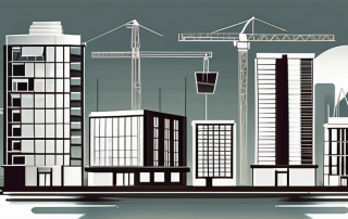 Several stylized bank buildings surrounded by construction cranes and half-built houses