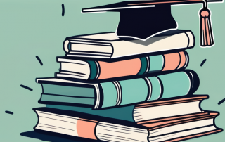 A stack of books next to a graduation cap and a piggy bank