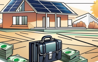 A sunny landscape with a house equipped with photovoltaic panels on the roof and a briefcase full of cash symbolizing the loan for the solar energy system