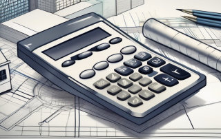 A calculator sitting on top of architectural blueprints