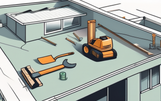 A flat roof in the process of renovation with various construction tools and materials