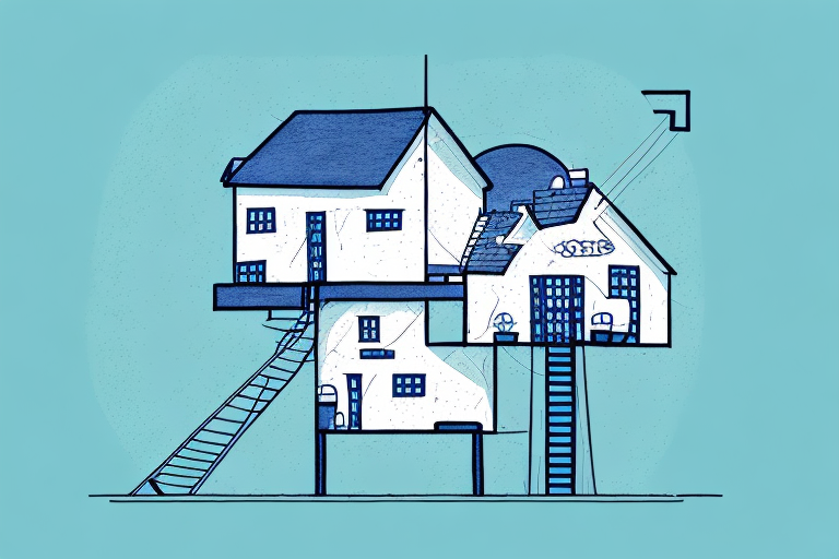 A two-story house with a measuring tape extending from the ground to the roof to indicate its height