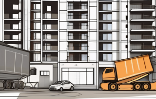 A construction site with various buildings in different stages of development