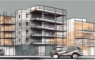 A multi-story apartment building under construction with a variety of tools and materials scattered around