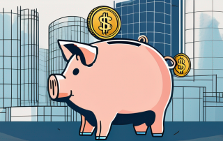 A piggy bank sitting atop of architectural blueprints