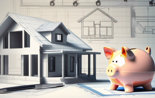 A piggy bank sitting on top of a blueprint of a house