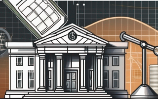 A bank building with symbolic elements of money like coins and banknotes