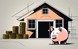 A house under construction with a piggy bank and calculator