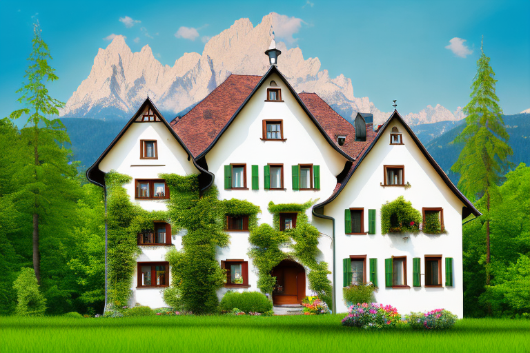 A picturesque bavarian house with a sold sign in the front yard