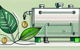 A modern gas boiler with some symbolic elements like a green leaf and coins