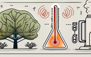 A modern biomass heating system surrounded by symbols of its benefits