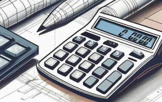 A house under construction with a calculator and blueprints nearby