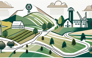 Various symbolic icons representing different sectors such as agriculture