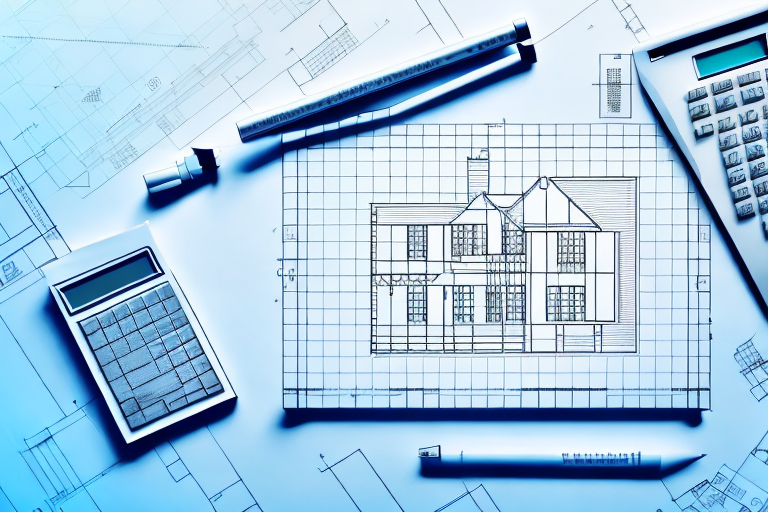 A blueprint of a house with a calculator and a ruler