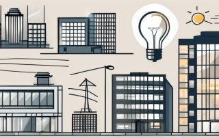 A variety of business buildings with a spotlight shining on them