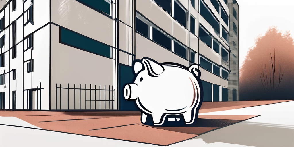 A residential building under construction with a piggy bank in the foreground