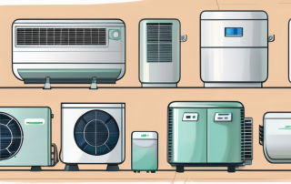 Several types of air conditioning units with symbols of eco-friendliness and savings