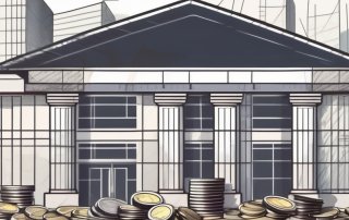 A sturdy bank building with a foundation made from coins and banknotes