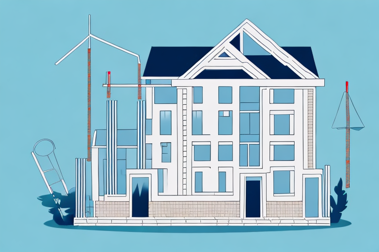 A house under construction with a bank in the background