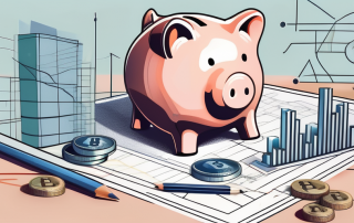 A piggy bank sitting on top of architectural blueprints