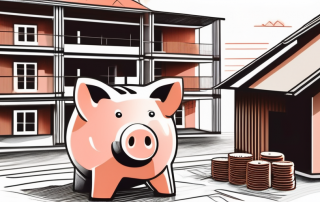 A house under construction with a piggy bank and a contract in the foreground