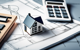A calculator on top of blueprints with a house model in the background