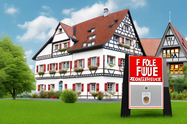 A traditional german zeche house with a 'for sale' sign in the front yard