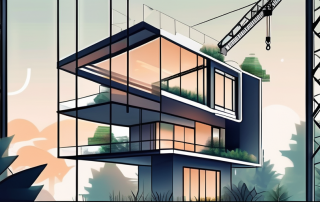 A modern house under construction with a crane