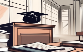 A university building with a graduation cap and a contract on a desk