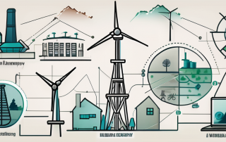 Various symbols representing different industries such as a windmill for renewable energy