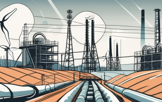 An industrial landscape with gas extraction facilities