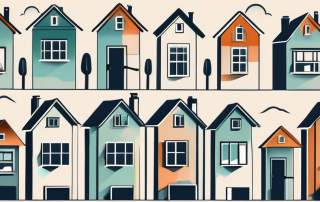 A variety of homes with a magnifying glass hovering over them