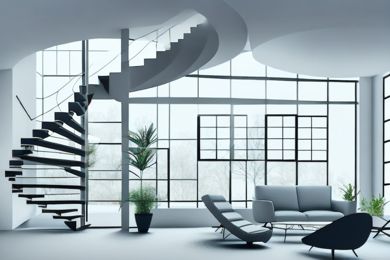 A beautifully designed interior of a house with a focus on unique architectural details like a spiral staircase
