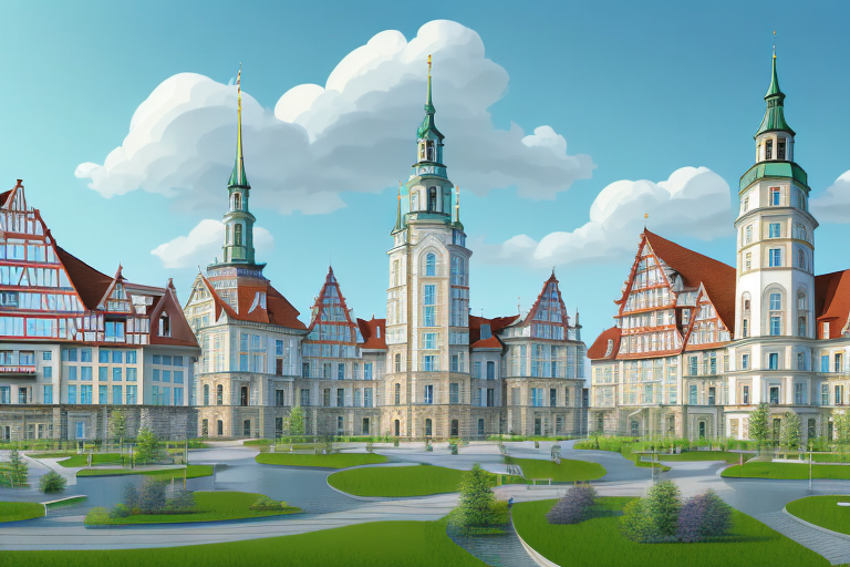 Several architectural structures representing different styles of buildings in a scenic landscape of baden-württemberg